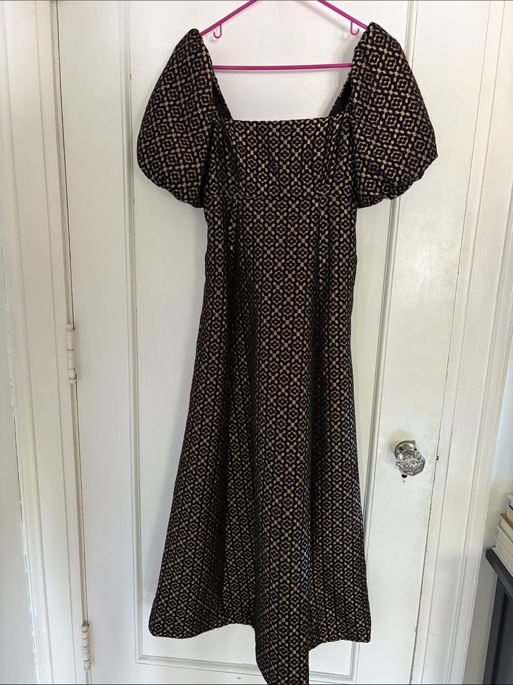 Hill House Puff Sleeve Maxi Dress in Black and Tan Geometric
